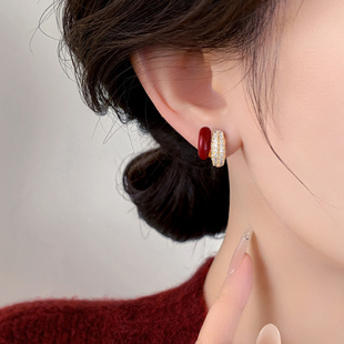红色滴釉锆石耳钉女2025款爆款纯银针时尚耳环设计感百搭耳夹耳饰