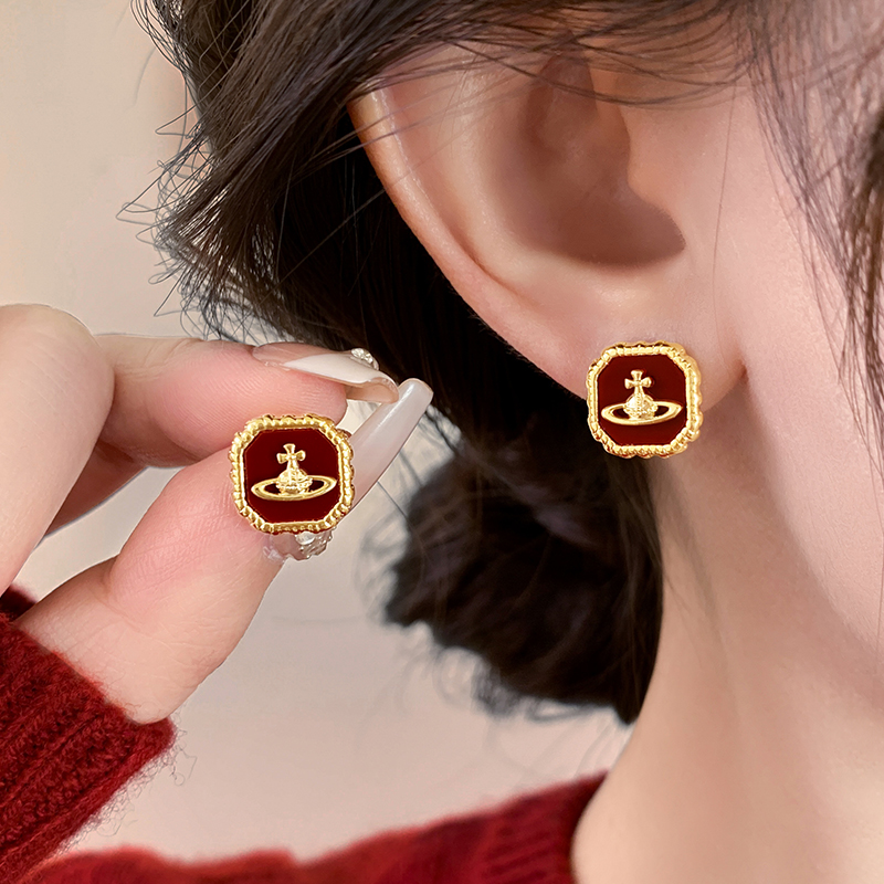 伊灿复古酒红色星球方形耳钉女