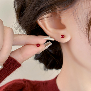 S999纯银针酒红色珍珠耳钉2025年新款爆款耳夹高级感耳环精致耳饰