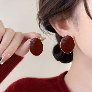 夸张酒红色滴釉圆片耳钉女纯银针2026新款爆款高级感耳环复古耳饰