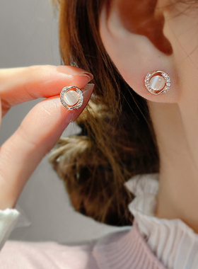 S999纯银玫瑰金耳钉女纯银小众耳夹高级感耳饰2025新款猫眼石耳环