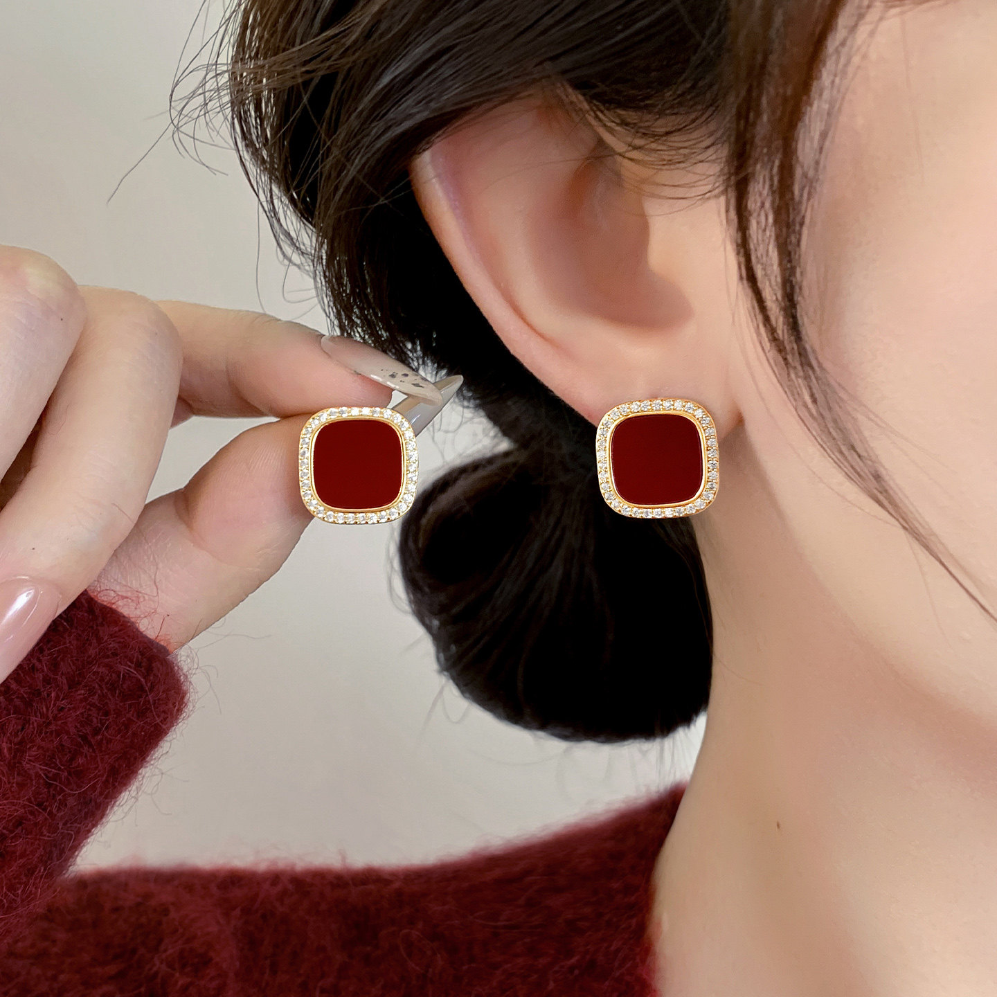 安可拉红色镶钻方形耳钉女2025新款爆款耳环高级感耳夹纯银针耳饰,饰品/流行首饰/时尚饰品新,耳钉,淘宝优惠券,粉丝福利购,淘宝优惠卷