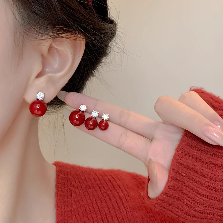 伊灿S999纯银针锆石红色珍珠耳钉