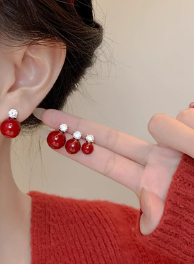 S999纯银针锆石红色珍珠耳钉女新年复古耳夹耳饰2025新款爆款耳环