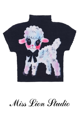 涂鸦可爱小羊褶皱衫短款辣妹T恤女2025夏季设计感半高领黑色短袖