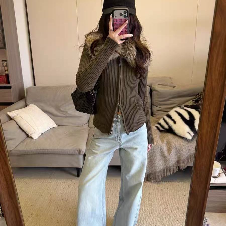 可拆卸毛领针织开衫上衣