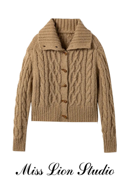 正确版】复古翻领绞花仿牛角扣含羊毛开衫外穿加厚粗针麻花毛衣