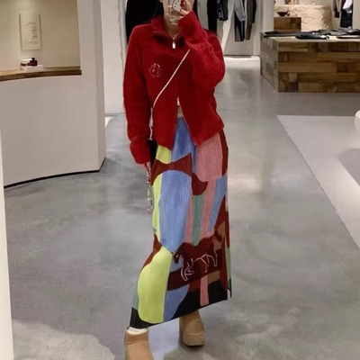 多巴胺彩印针织中长半身裙显瘦