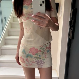 正确版】花卉水印打底针织短袖T恤上衣女2025夏季显瘦套装半身裙