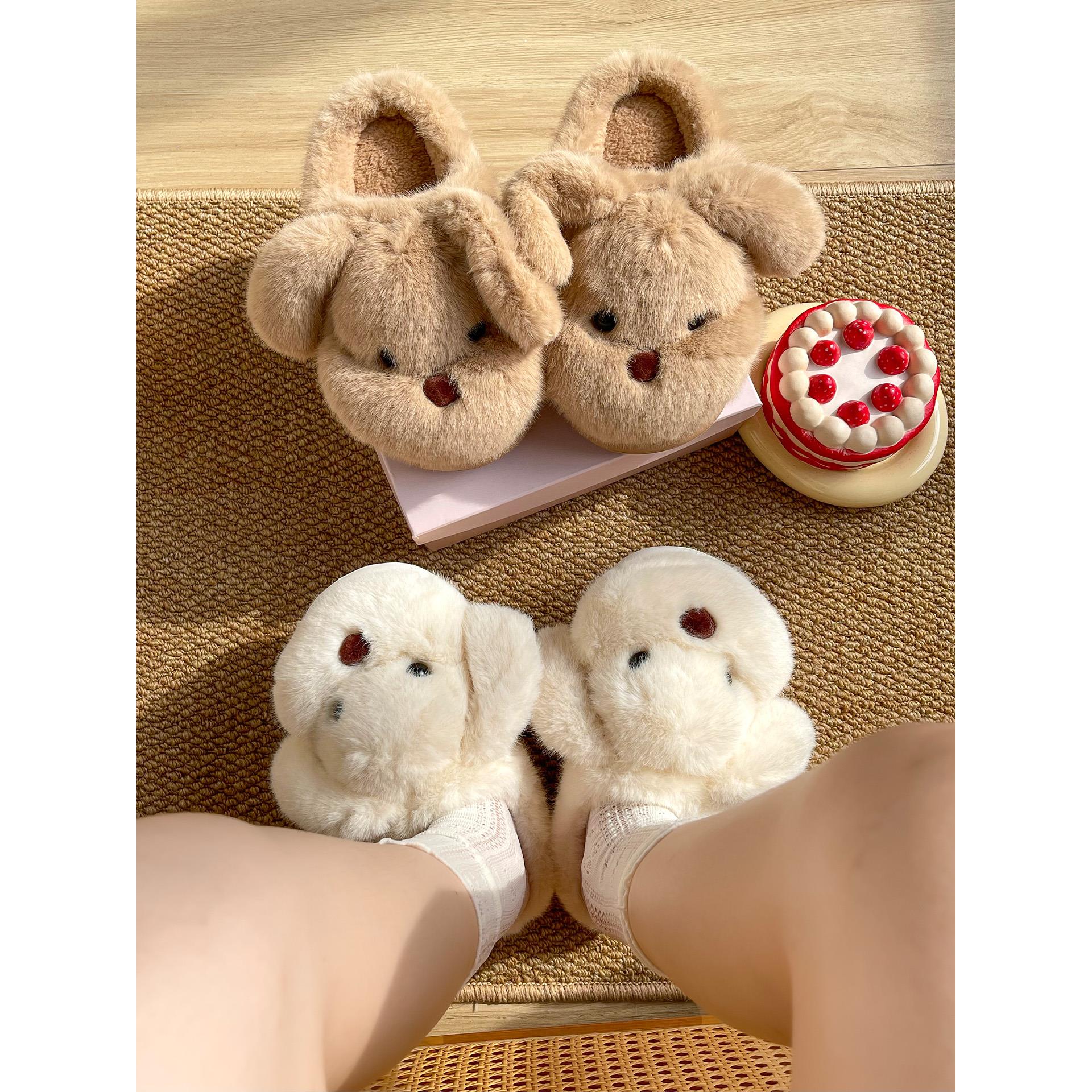 呆萌可爱小狗棉拖鞋女冬季新款室内居家保暖防滑厚底毛绒拖鞋外穿