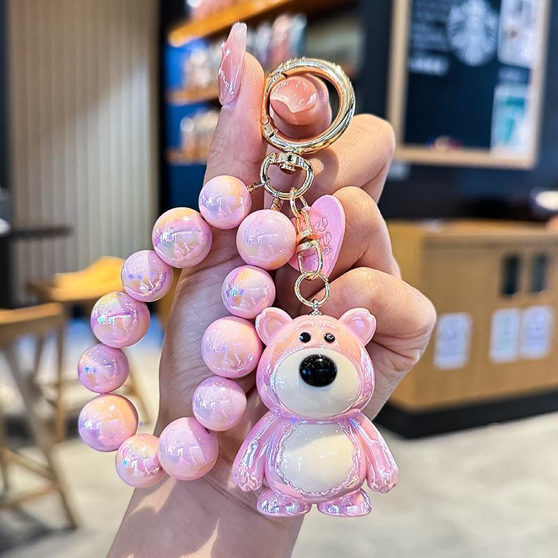 网红炫彩小熊串珠钥匙扣卡通可爱草莓熊钥匙炼 炼 情侣手机包包小