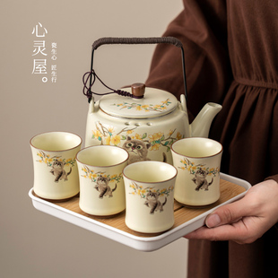 米黄汝窑萌猫2024新款 茶壶茶杯 功夫茶具套装 家用陶瓷轻奢高档中式