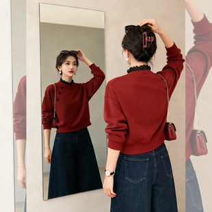 甜美花边~红色木耳领加绒卫衣女款2026新款新年喜庆宽松显瘦上衣