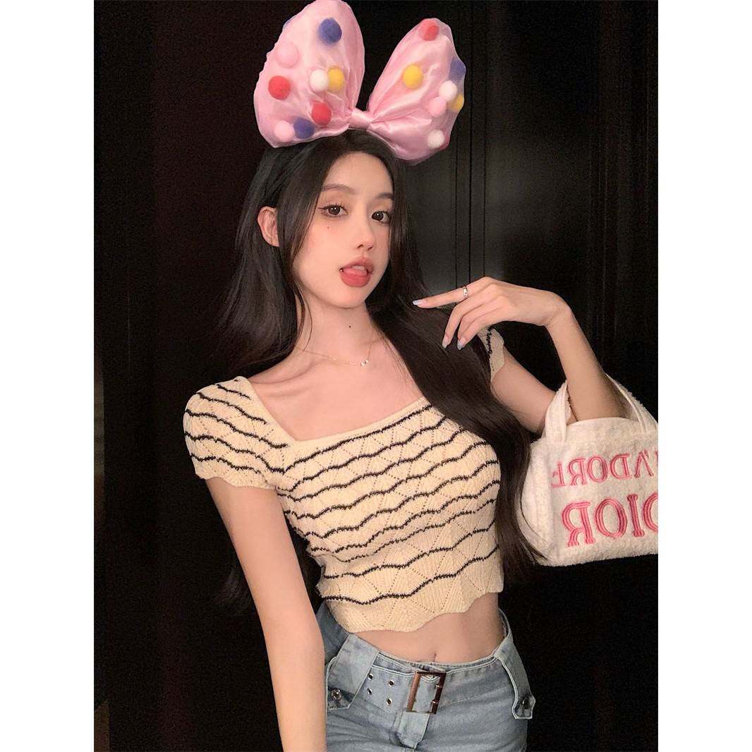 款条纹方领短袖针织衫女夏季短薄款身设计感小众修内搭上衣打底衫