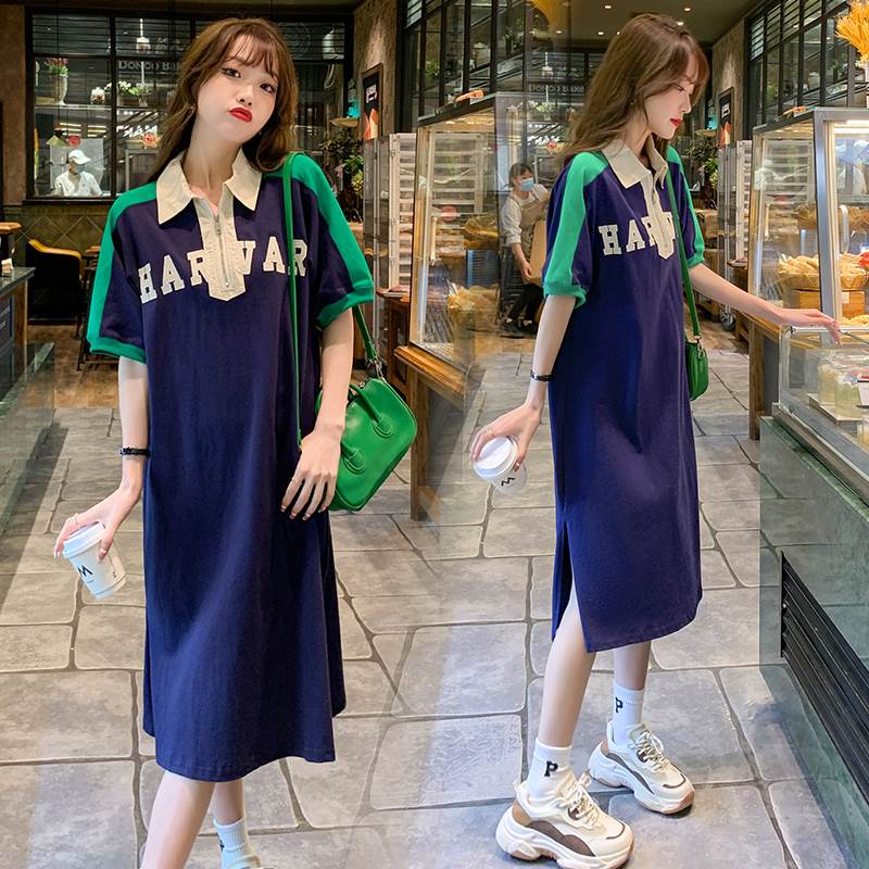 夏装新款韩版大码孕妇装中长款连衣裙洋气撞色拼接PoloT恤裙200斤
