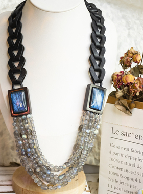 二梦三青【银河系的凝望】天然闪光拉长石项链女中古风多层毛衣链