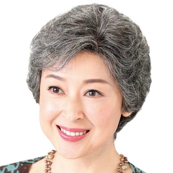 真人发假发套中老年女性短卷假发 简单佩戴表演用花白假发