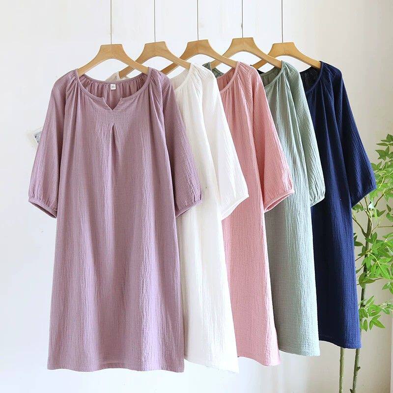 日系纯棉中袖睡裙女套头薄款纱布家居服连衣裙春夏季纯色简约宽松