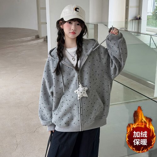 女童星星连帽卫衣2026春秋新款中大儿童休闲拉链开衫外套学院风