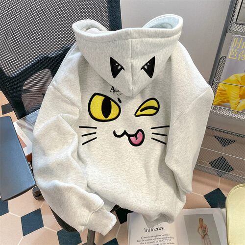 新趣味猫咪卫衣女中大童初中生春秋季韩系加绒加厚连帽上衣外套潮