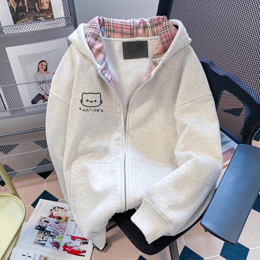 2025新款超火可爱猫咪卫衣开衫男女童春秋宽松格子拼接连帽外套潮,童装/婴儿装/亲子装,卫衣/绒衫,淘宝优惠券,粉丝福利购,淘宝优惠卷