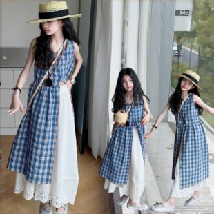 夏季格子罩衫套装新款韩版童装2025半身裙女童中大童两件套童装潮