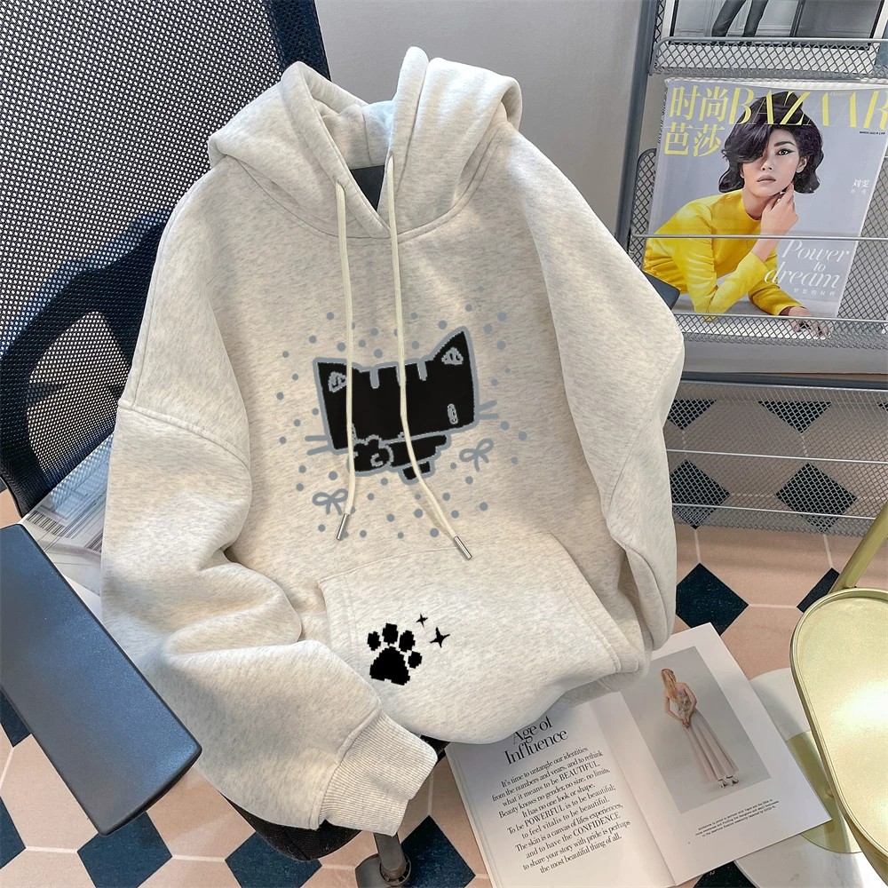 男女中大童日系卡通小猫连帽卫衣春秋冬季洋气加绒加厚百搭外套潮