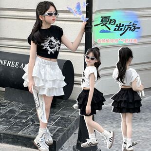 女童夏季套装裙2025新款儿童洋气时髦休闲短袖T恤蛋糕裙两件套潮