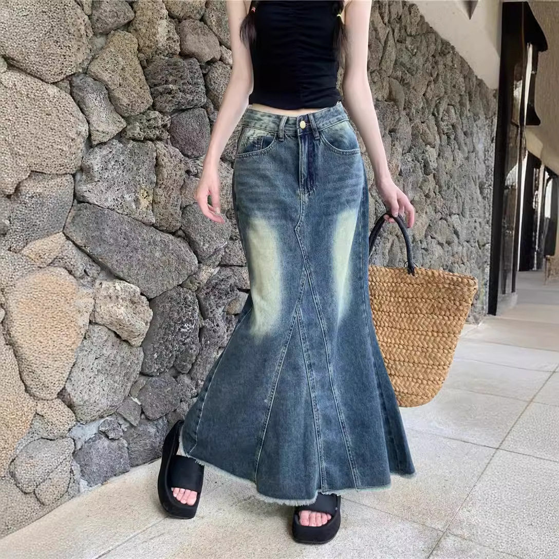 实拍2024新款韩版 高腰复古牛仔半身A字裙小众毛边开叉长裙女