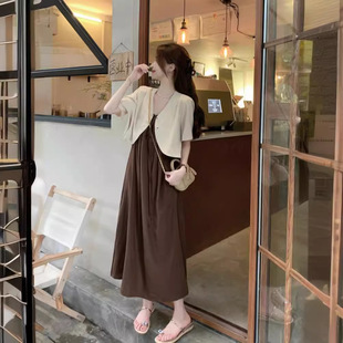实拍2024韩系chic套装百搭短款西装外套内搭吊带连衣裙子两件套