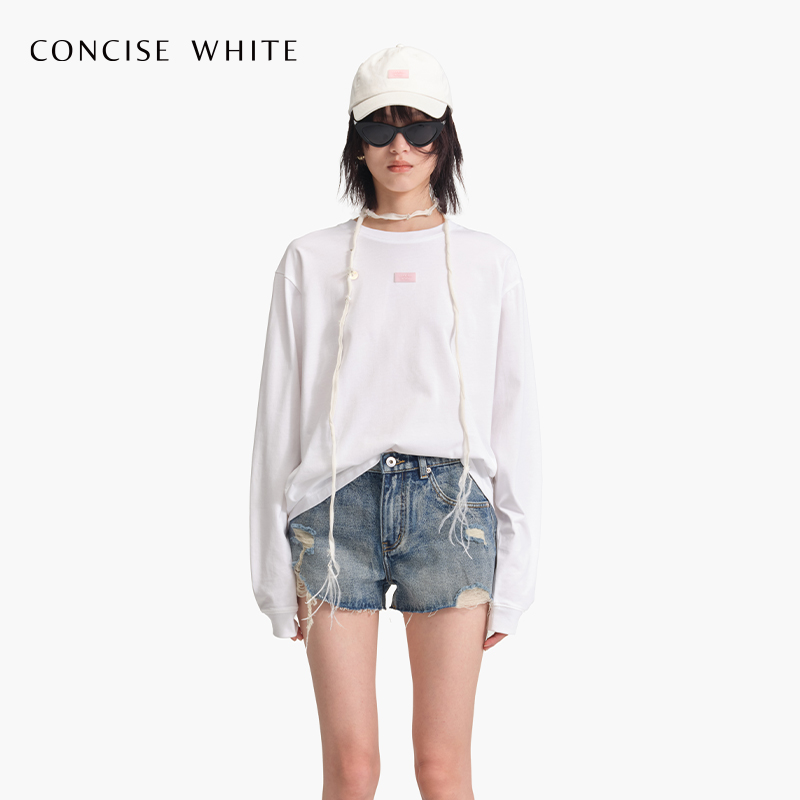 CONCISE-WHITE简白 24春夏新款粉标纯色圆领长袖T恤女设计师品牌 女装/女士精品 T恤 原图主图