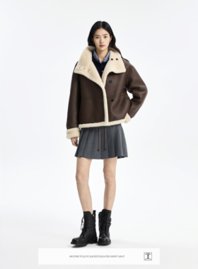 CONCISE-WHITE简白2025秋冬新品短款机车外套毛呢羊毛宽松皮衣女