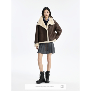 王楚然同款CONCISE-WHITE简白2025秋冬新品短款机车外套毛呢皮衣