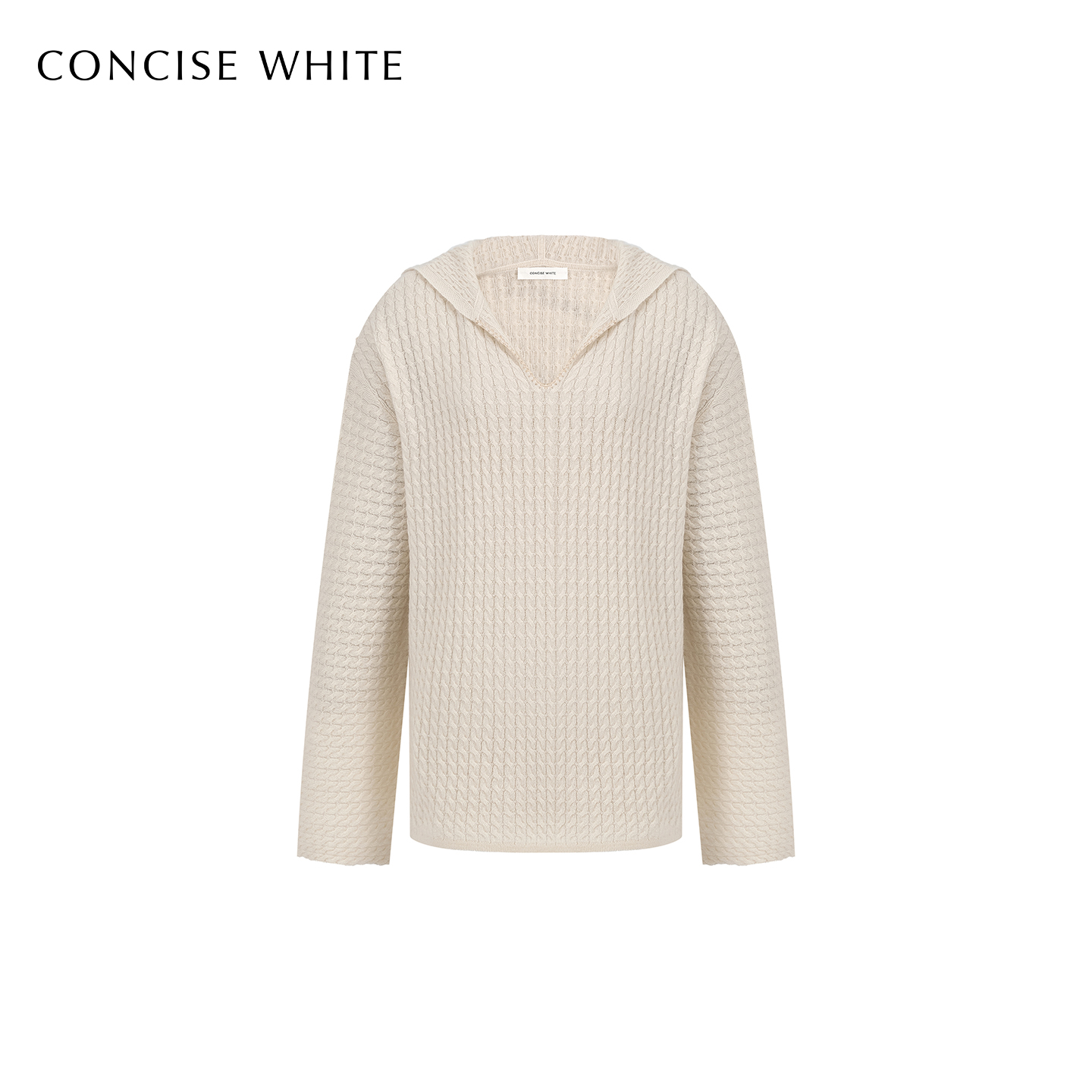 CONCISE-WHITE简白2025秋冬新品绞花连帽羊绒毛衣针织衫上衣女