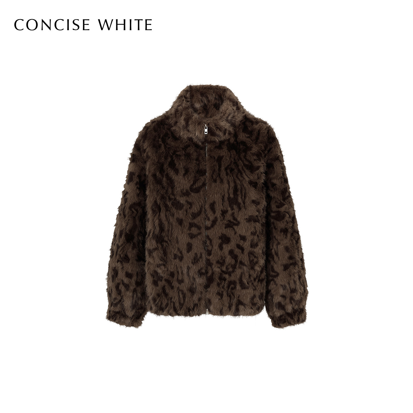 CONCISE-WHITE简白2025秋冬新品立领宽松气质豹纹短款毛呢外套女