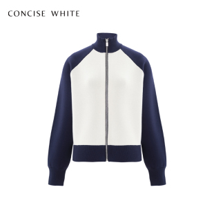 拼色立领落肩袖 早秋新品 刺绣针织开衫 CONCISE WHITE简白