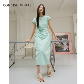concise white简白纯色可调节抽绳法式短袖连衣裙裙子长裙设计师
