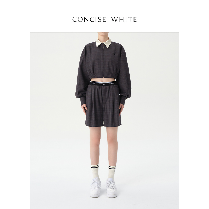 CONCISE-WHITE简白旗舰店 拼接领长袖拉链短夹克春夏新款 女装/女士精品 短外套 原图主图