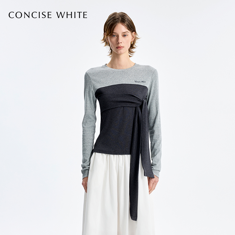 CONCISE-WHITE简白2025秋冬新款假两件绑带长袖修身logo上衣T恤女
