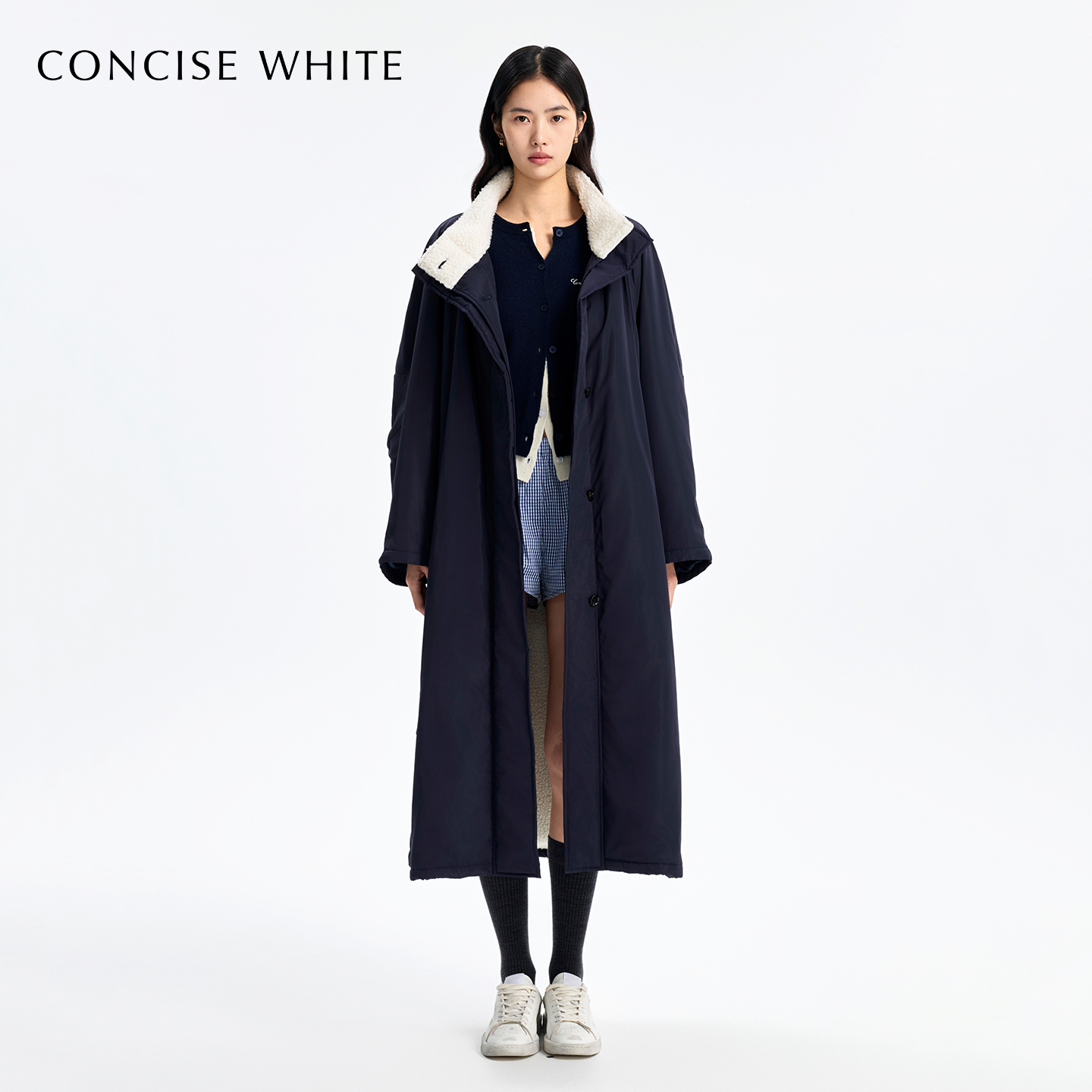 CONCISE-WHITE简白2025秋冬新品立领长外套高级感百搭宽松棉服女