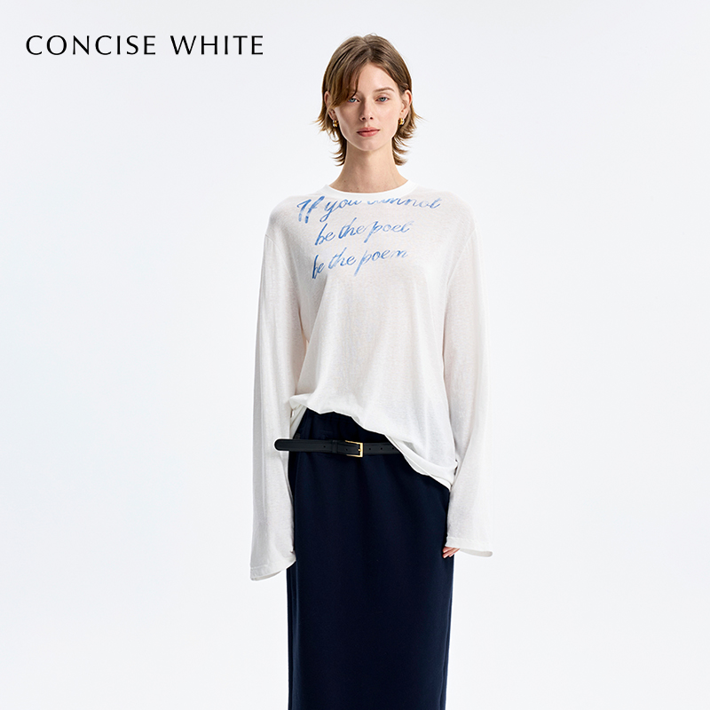 CONCISE-WHITE简白2025春夏新款白色简约宽松显瘦字母印花长袖T