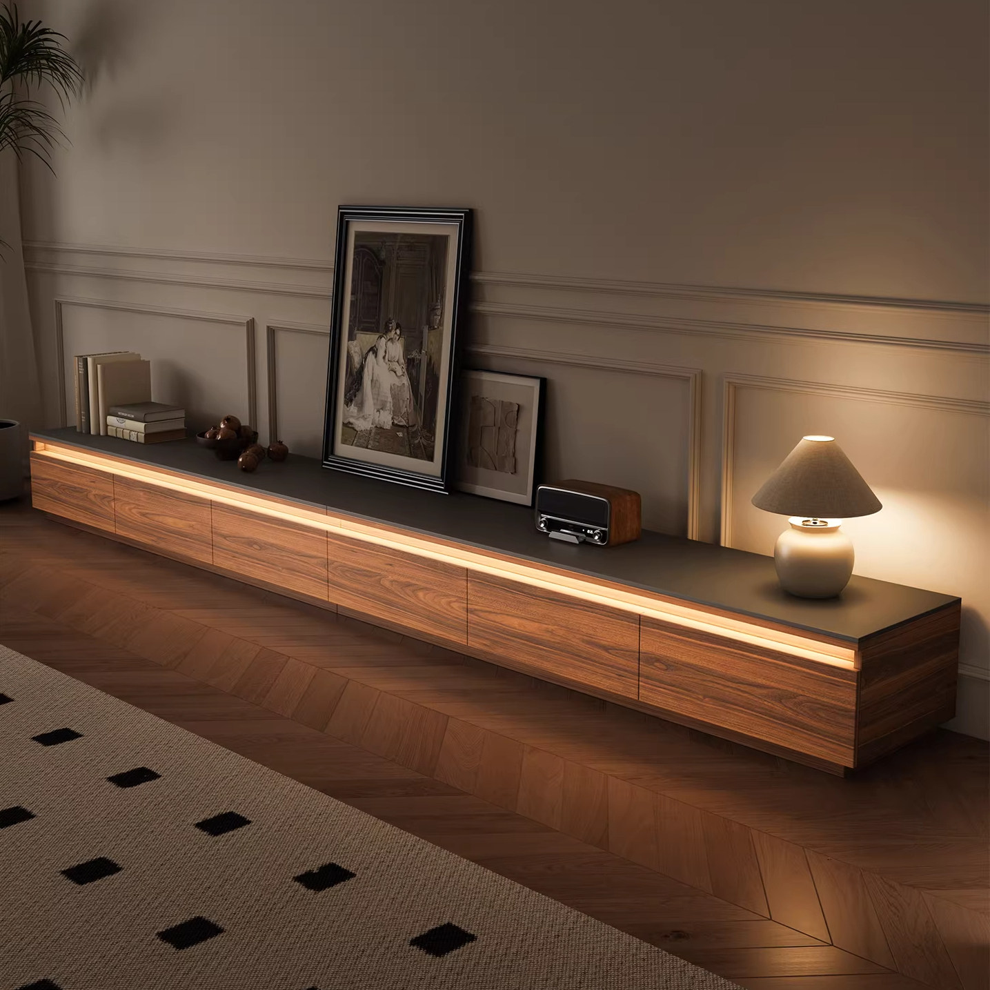 岩板电视柜茶几组合家用客厅氛围灯2026新极简实木落地电视机柜子