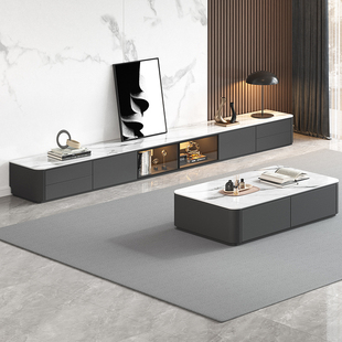 岩板电视柜茶几组合客厅家用2025新款灰色极简实木落地电视机柜子
