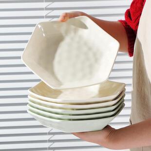 盘子菜盘家用4/6只装创意个性六边形盘子拼盘奶油风可爱陶瓷果盘