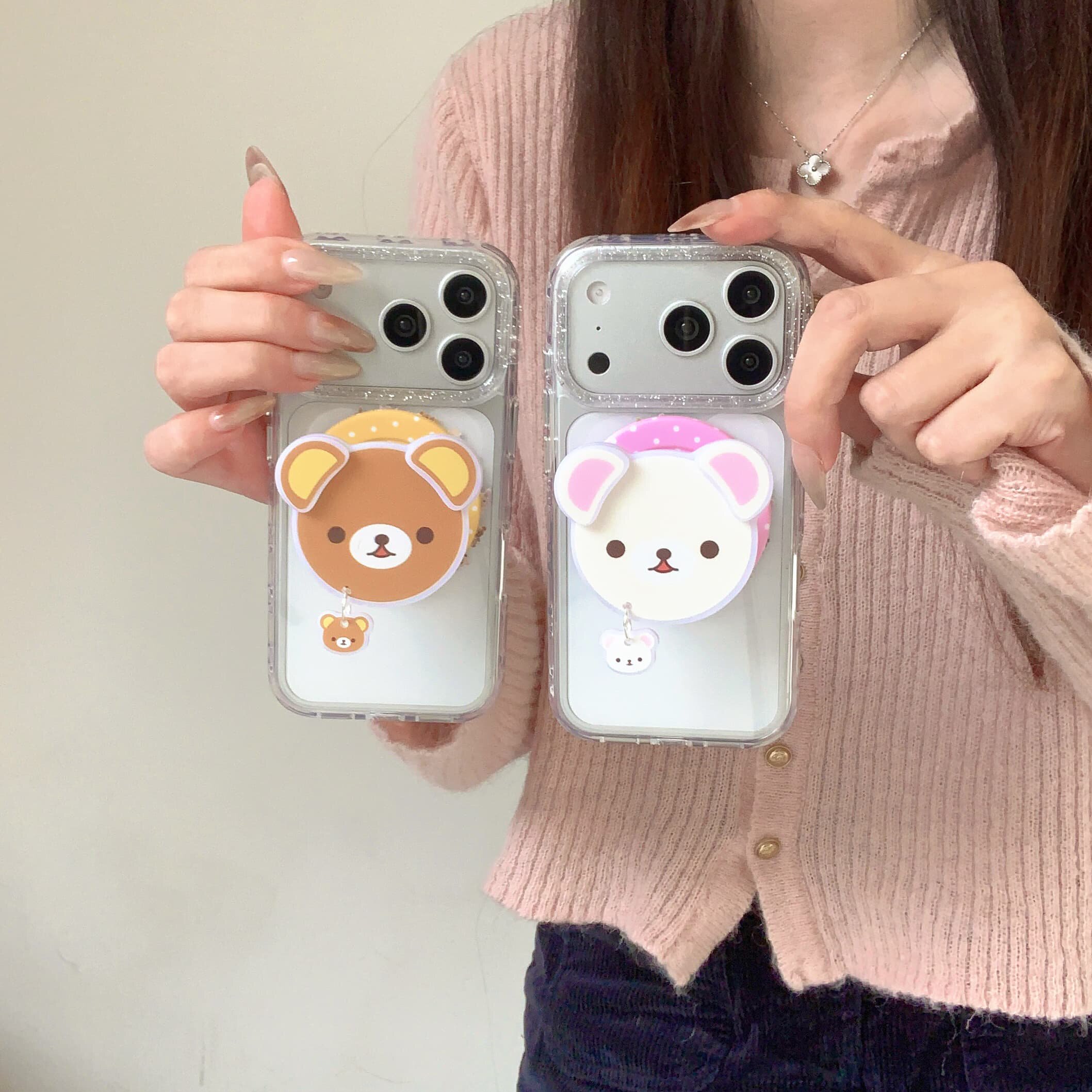 淳于亦时尚韩系简约粉棕小熊适用苹果17promax手机壳15全包按键大视窗16创意闪银镜头透明壳立体支架防摔保护