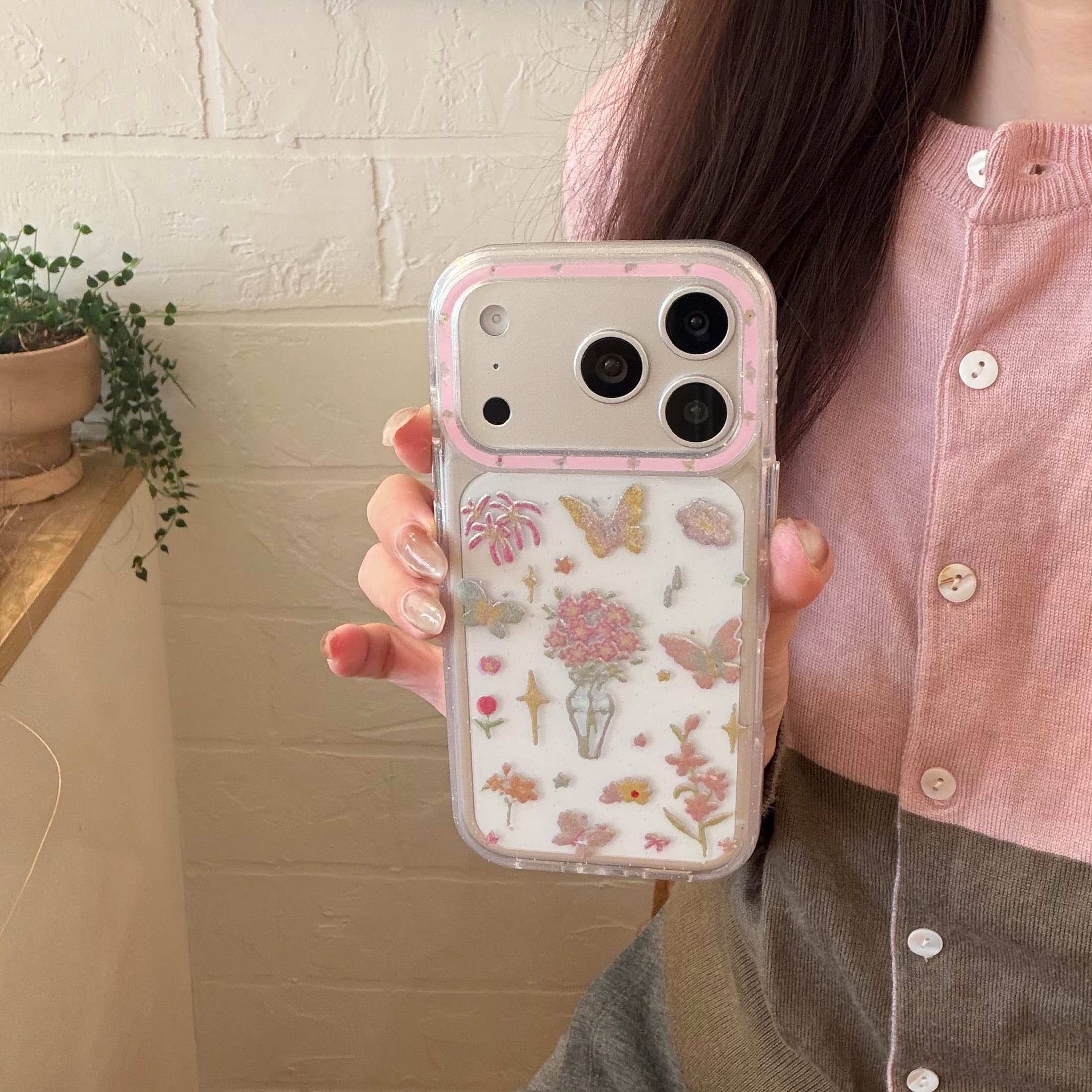 春日粉色鎏金透明蝴蝶花朵适用苹果17promax手机壳15全包按键粉色大视窗14/13创意少女心硅胶软壳16防摔保护