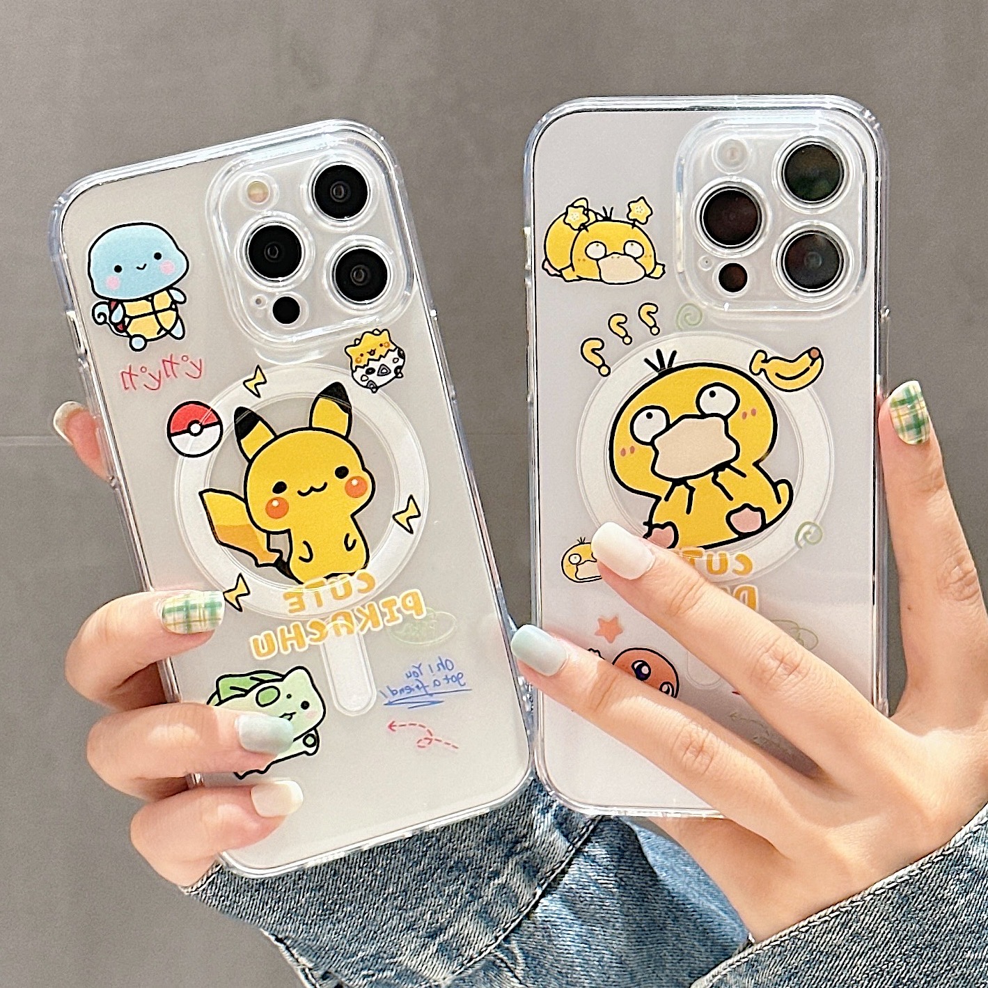 可爱情侣款皮卡丘磁吸适用iPhone15Pro手机壳卡通i14PM硅胶保护套13promax透明壳防摔12全包镜头苹果16PM软壳