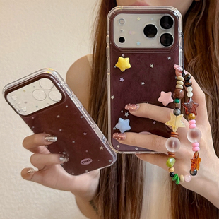 韩系ins风满印立体五彩星星适用苹果17promax手机壳15全包按键大视窗16个性 星星挂绳硅胶软壳17防摔保护 时尚