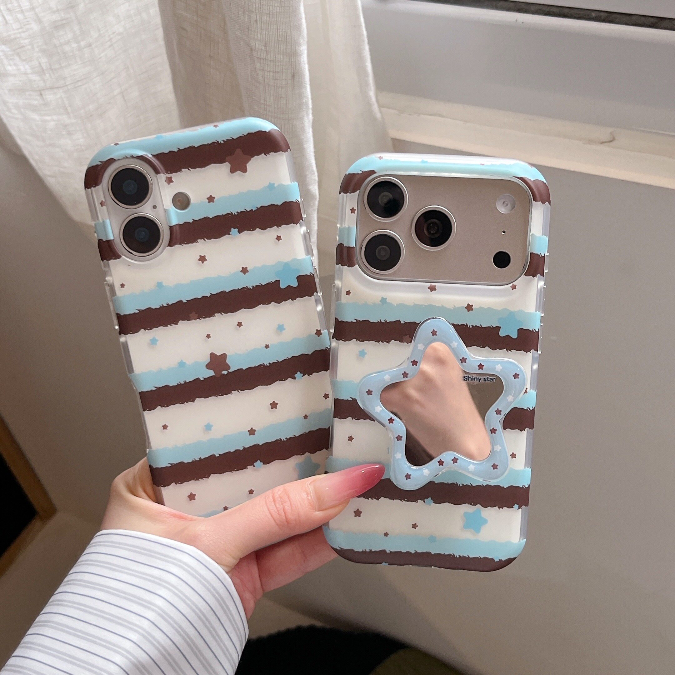韩系复古蓝棕条纹星星磁吸适用苹果17promax手机壳15全包按键大视窗16创意小众星星补妆镜子支架防摔保护软壳