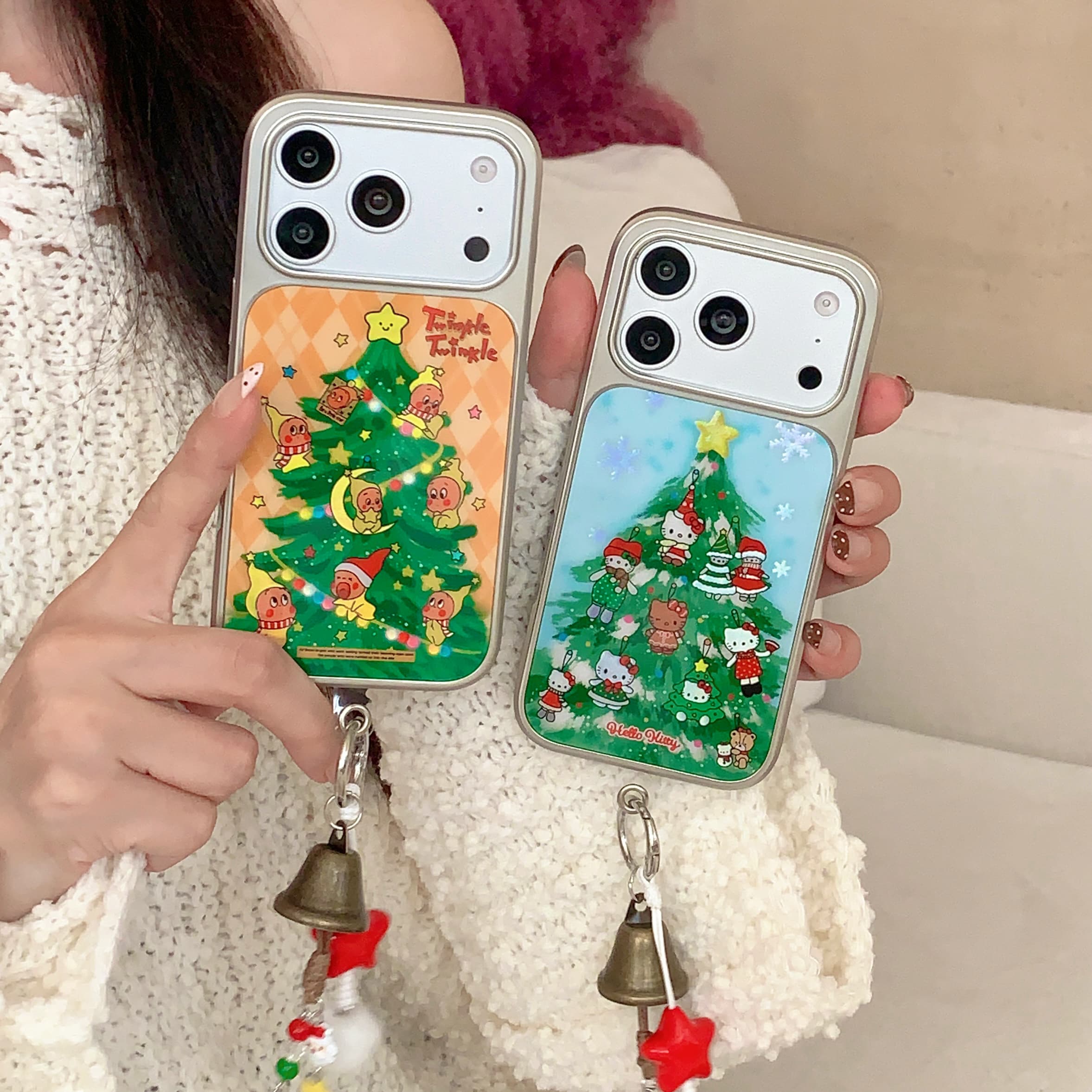 ins可爱圣诞树苹果17银边挂绳壳